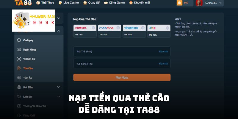 Nạp tiền qua thẻ cào dễ dàng tại TA88