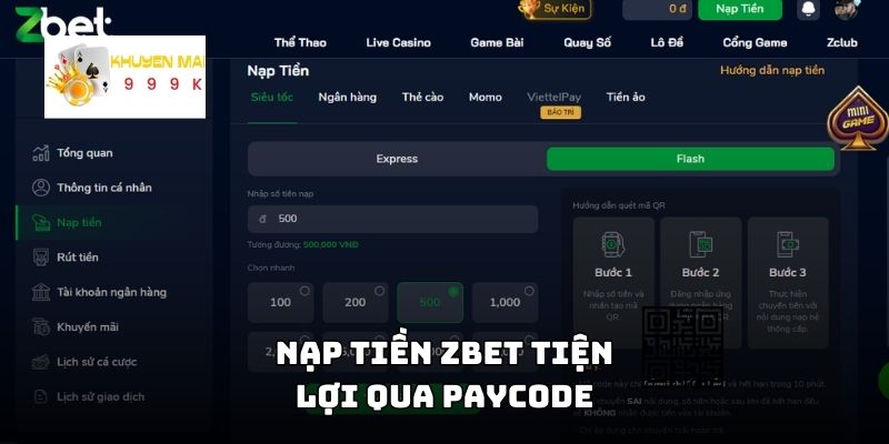 Nạp tiền ZBET tiện lợi qua paycode