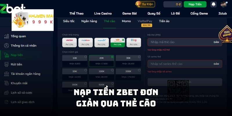 Nạp tiền ZBET đơn giản qua thẻ cào